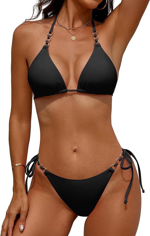 swimall Women's Triangle Bikini Sets Cheeky Halter Two Piece Swimsuit O Ring Linked Tie Bathing S... | Amazon (US)