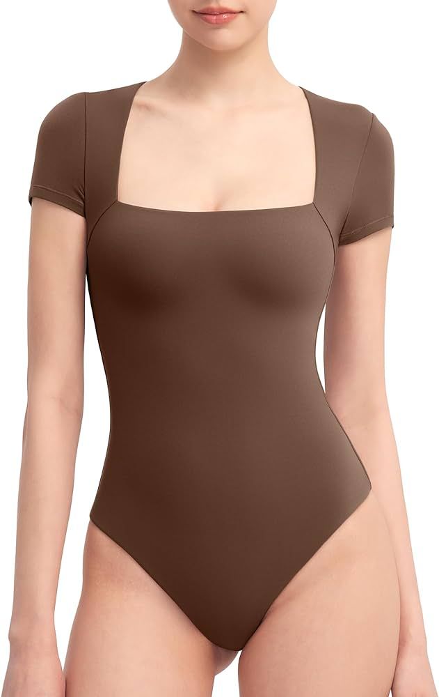 PUMIEY Women's Square Neck Short Sleeve Bodysuit T Shirts Tops For Women Trendy Smoke Cloud Pro C... | Amazon (US)