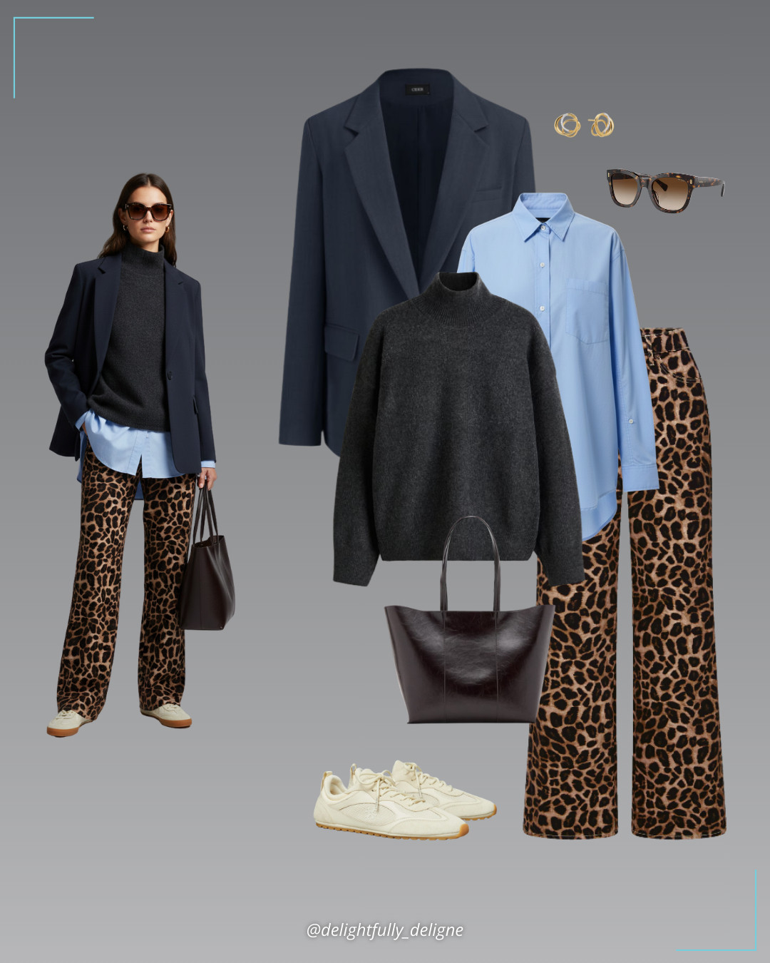 Relaxed Statement Layers 🤎💙Oversize poplin button-up shirt, leopard wide-leg jeans, dark gray melange oversized mock-turtleneck sweater, navy notched-collar oversized blazer, cream field sneakers, large shopper bag, tortoise sunglasses & wrap pavé diamond stud earrings. 

 #LTKgrwm #LTKootd #LTKOver40