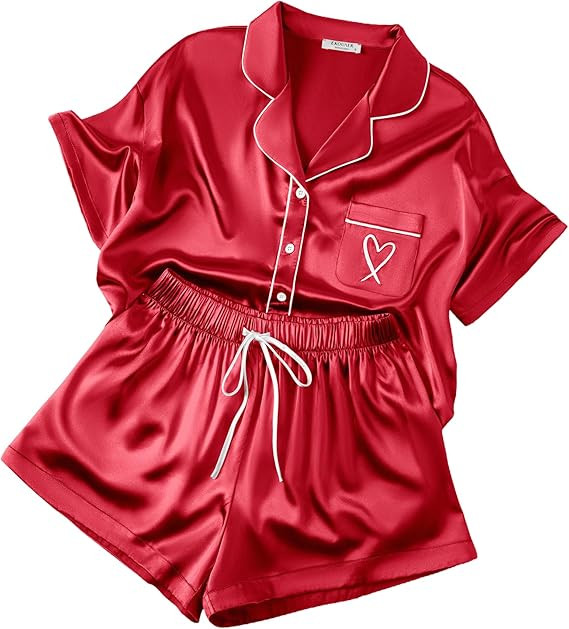 Ekouaer Womens Silk Satin Pajama Set, 2 Piece Heart Embroidery Short Sleeve Button Down Pjs Set f... | Amazon (US)