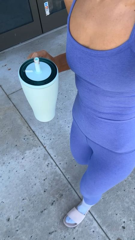 Beyond yoga spacedye midi leggi no s in XXS. Spacedye tank in XS. LOVE this set for barre! Brumate era . Lululemon slides. Barre outfit. Workout outfit. Matching workout set. 

#LTKFitness #LTKShoeCrush #LTKActive