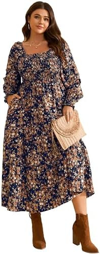 RWJ Women's Plus Size Fall Dress Long Sleeve Square Neck Floral Print Smocked A Line Boho Flowy M... | Amazon (US)