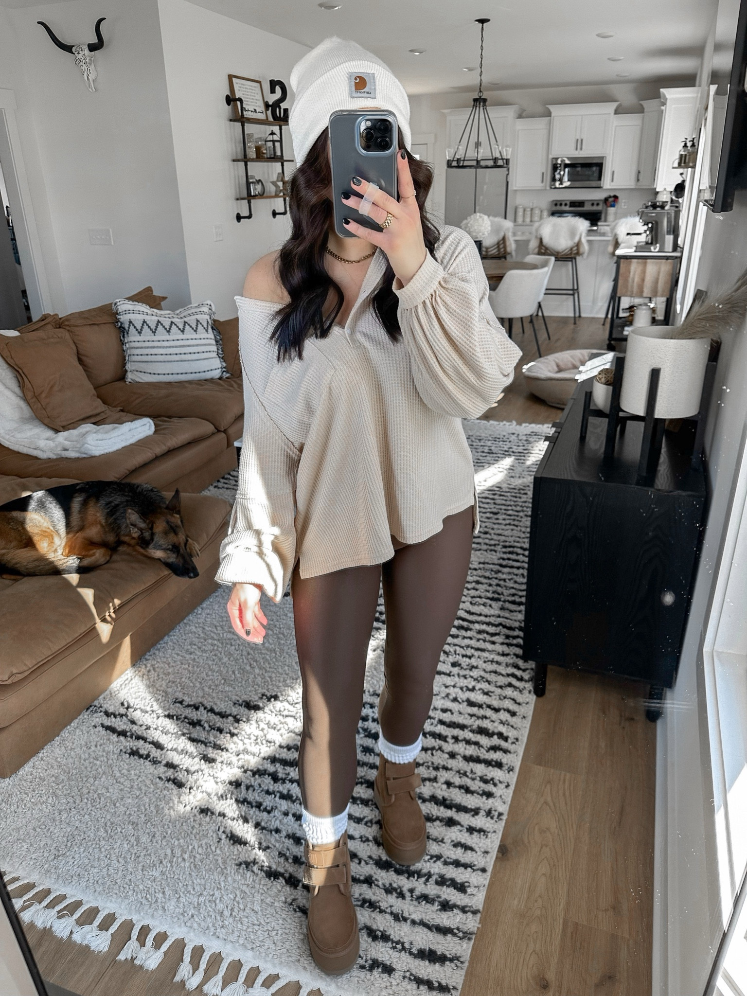 Top — small
Leggings — small

comfy errands outfit | comfy cozy outfit | waffle pullover | brown faux leather leggings | platform Ugg boots | white slouch socks | neutral outfit ideas | comfy lounge outfit | oversized pullover | legging friendly top 



#LTKshoecrush #LTKfindsunder50 #LTKstyletip