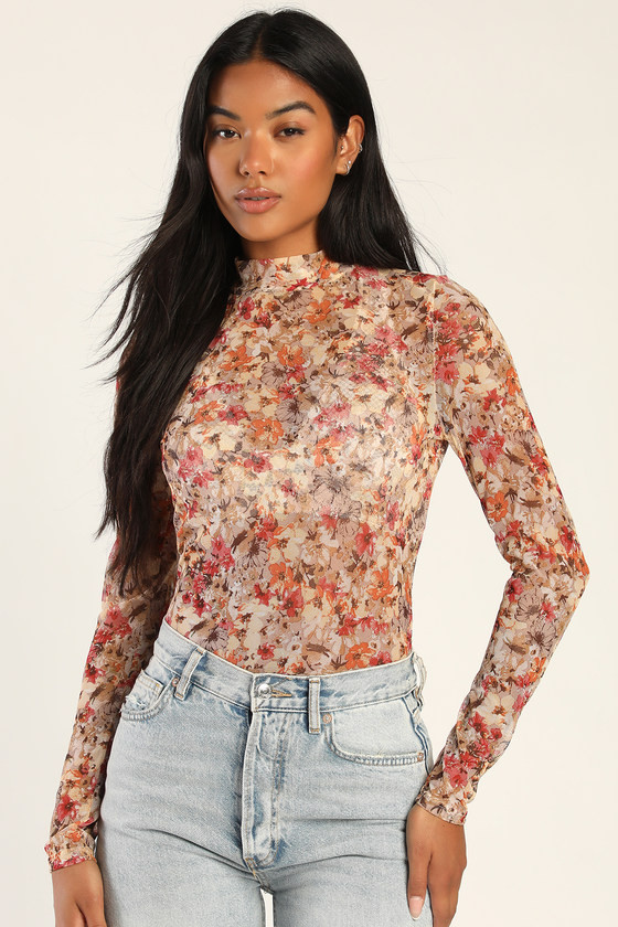 Enchanté Taupe Floral Print Sheer Mesh Long Sleeve Top | Lulus (US)