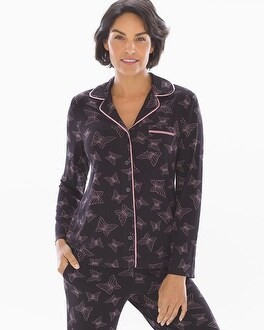 Cool Nights Long Sleeve Grosgrain Trim Notch Collar Pajama Top Happy Butterfly Black | Soma Intimates