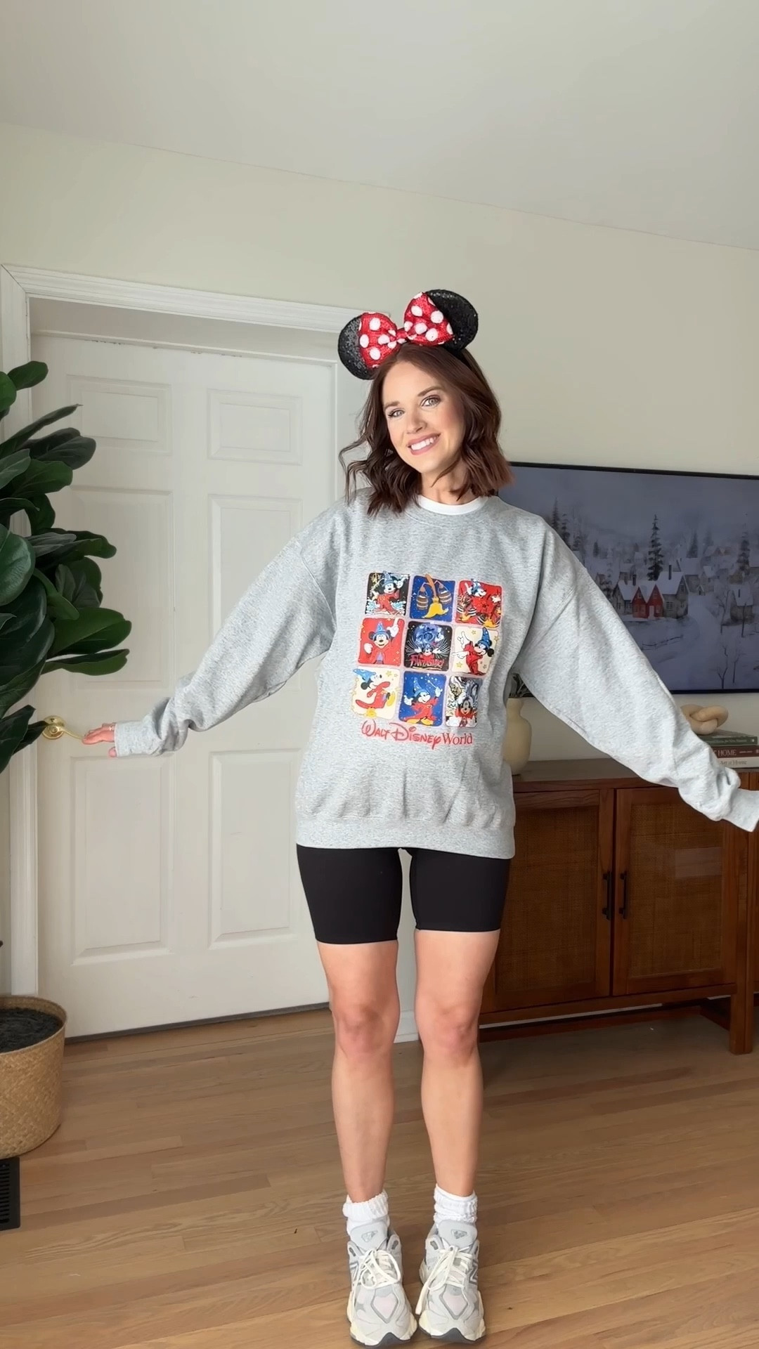 Disney sweatshirt : wearing large 
Biker shorts : wearing m
Tshirt : wearing m
Mickey ears 
Crew socks 
Sneakers 

Disney style // Disney outfit /: Disney world outfit // maternity style // bump friendly Disney outfit 

#LTKTravel #LTKBaby #LTKStyleTip