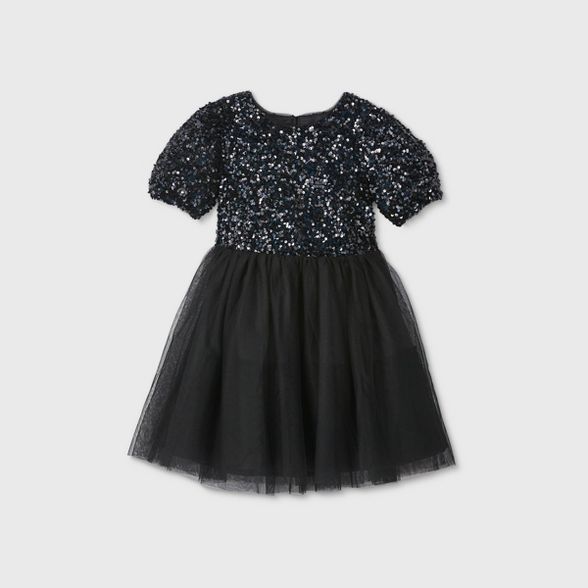 Girls' Puff Sleeve Sequin Tulle Dress - Cat & Jack™ Black | Target