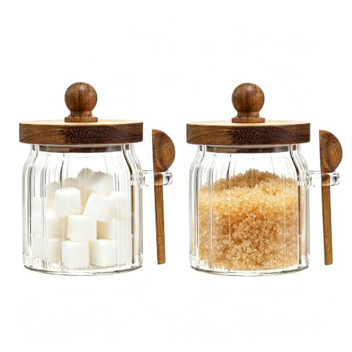 Steviieden 2 Pack Vintage Glass Jar Sugar Container with Wooden Spoon Lid | Amazon (US)