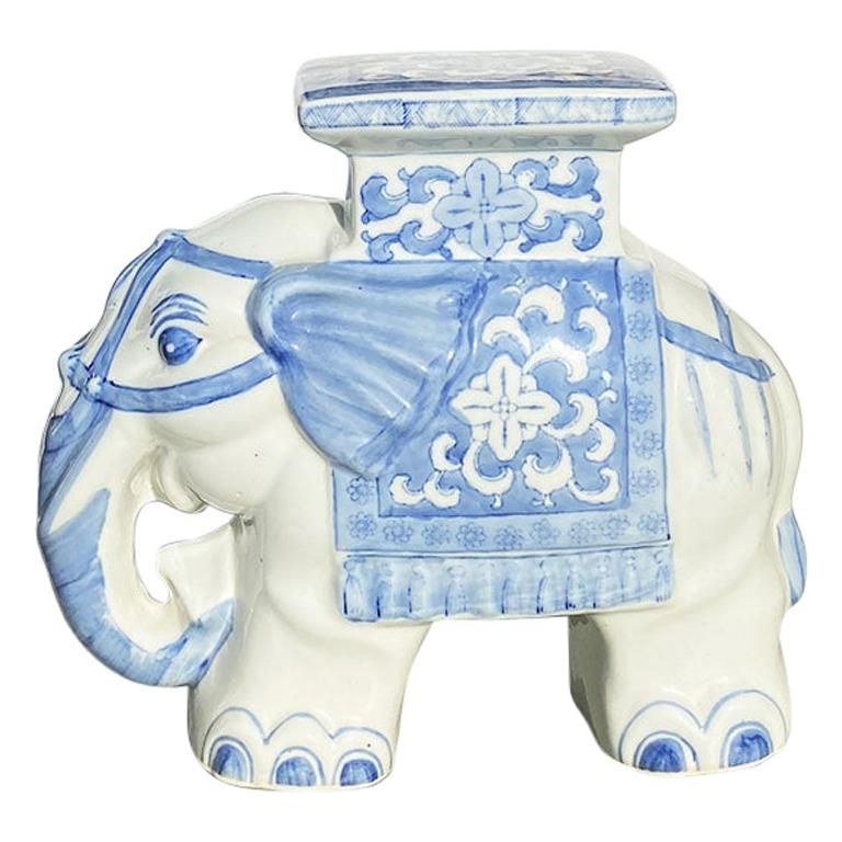 Small Chinoiserie Blue and White Ceramic Elephant Garden Plant Stand | 1stDibs