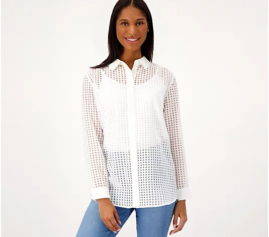 Girl With Curves Tonal Gingham Button-Front Shirt | QVC