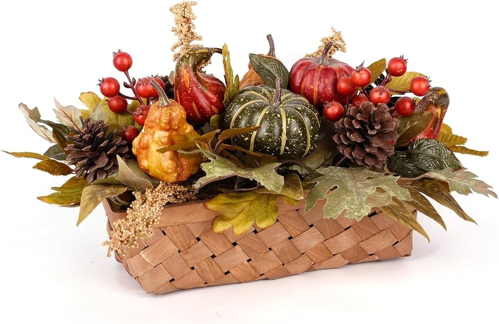 Fall Decor - Faux Pumpkins, Pine Cones, Berries and Maple Leaves in Rectangular Woven Basket for ... | Amazon (US)