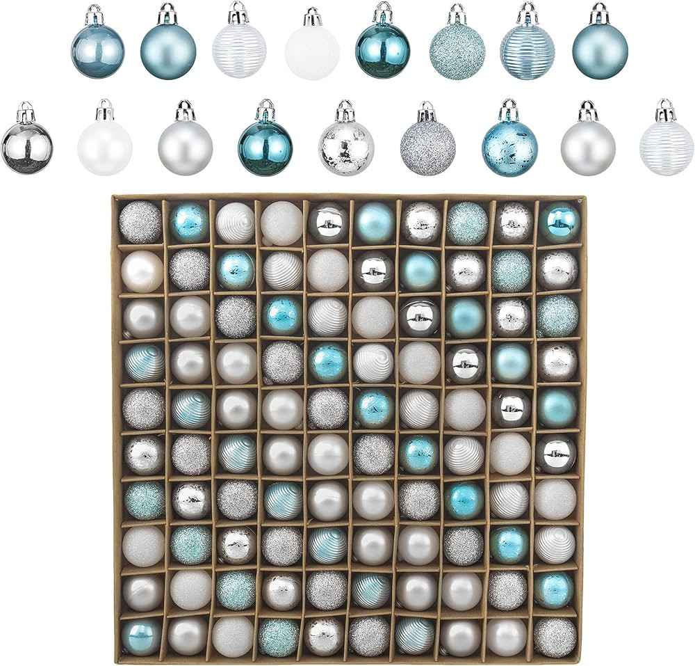 Valery Madelyn 100ct Mini Christmas Ornaments Tree Decorations Set, 1.18 Inches Light Blue and Si... | Amazon (US)