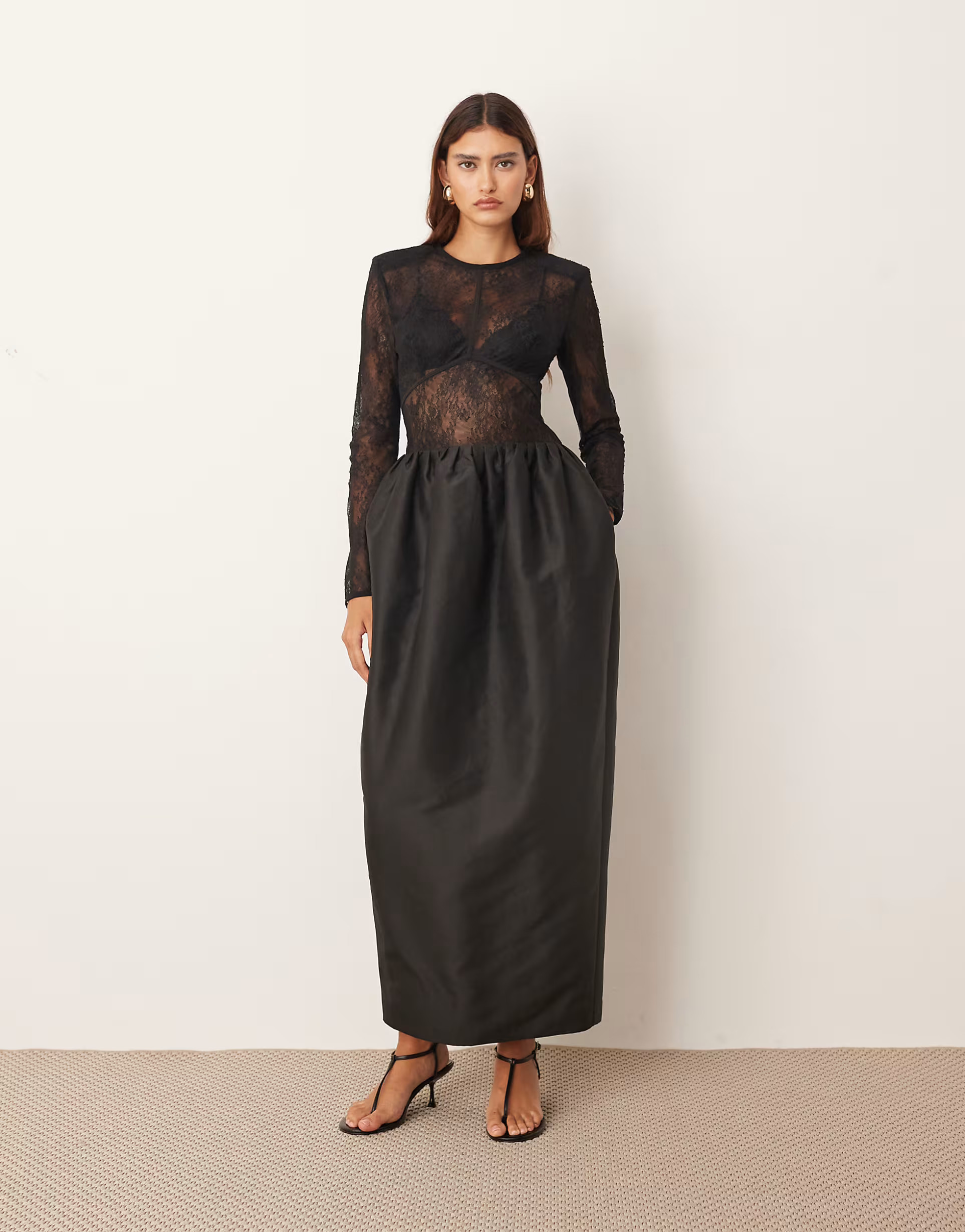 ARRANGE long sleeve lace and bonded satin maxi dress in black | ASOS (Global)