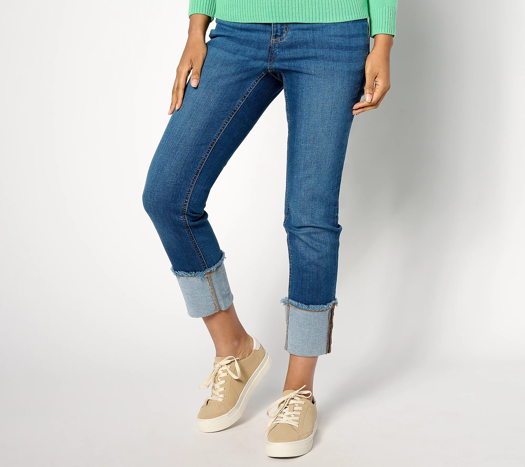 As Is Denim & Co. Easy Stretch Pet Straight Leg Cuffed Jean | QVC