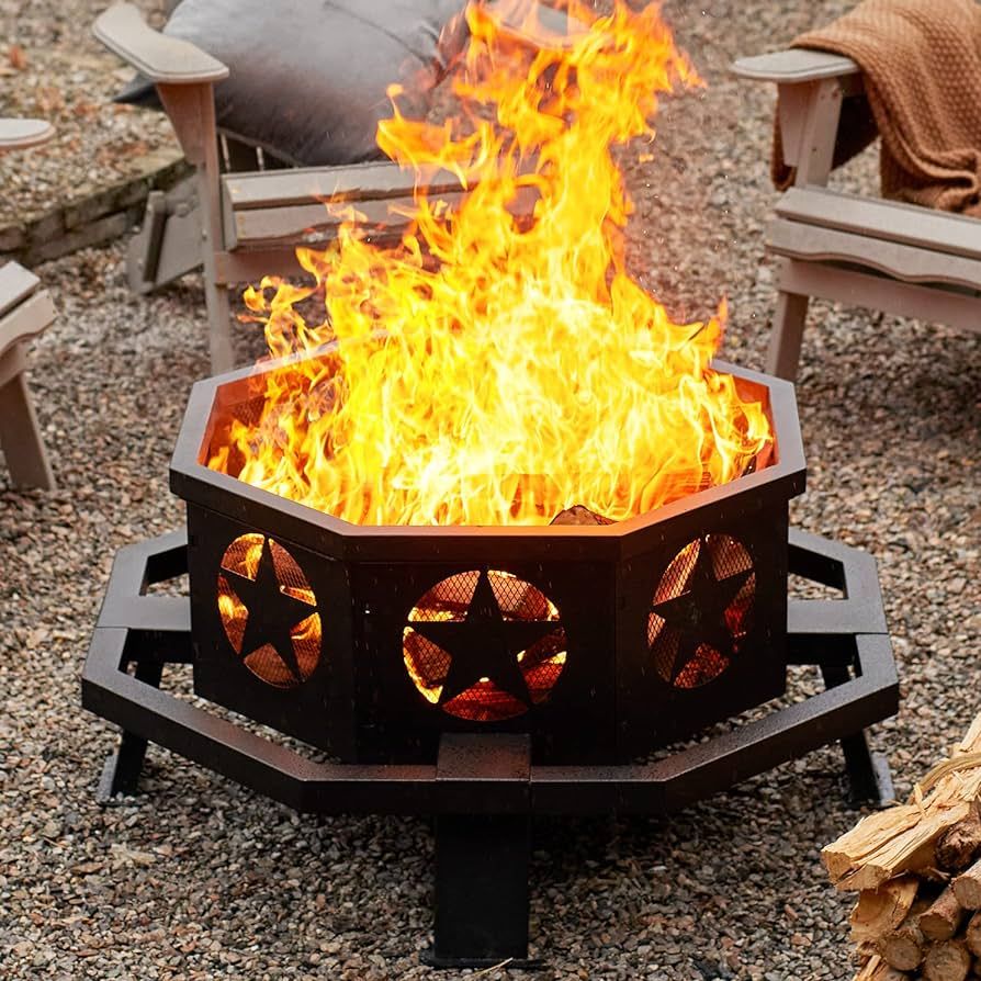 fissfire 35 inch Fire Pit, Outdoor Wood Burning Fire Pit Octagonal Heavy Duty Firepit for Camping... | Amazon (US)