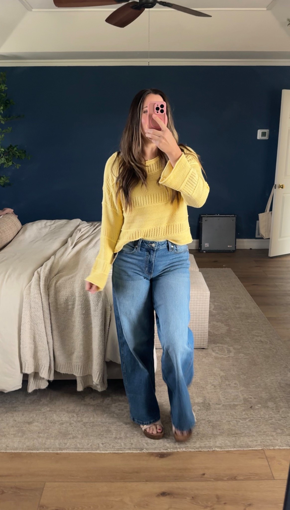 I’m usually a size 8 , 5’7” and went with a 9L in the jeans. Also sized up to a large in the sweater for a more relaxed fit but could’ve done a medium as well 

Walmart fashion // yellow sweater // wide leg jeans // sandals // spring fashion 