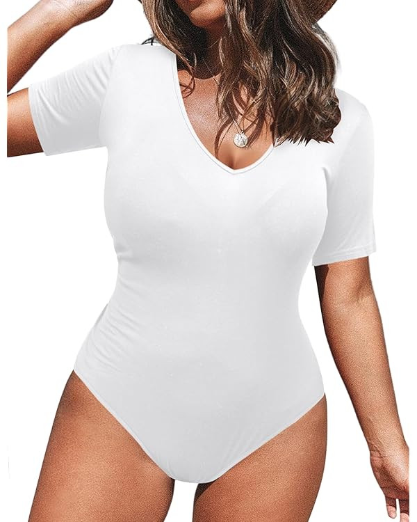 IN'VOLAND Women's Bodysuit Plus Size Short Sleeve Scoop Neck Bodysuit Basic Top T Shirt Leotards ... | Amazon (US)