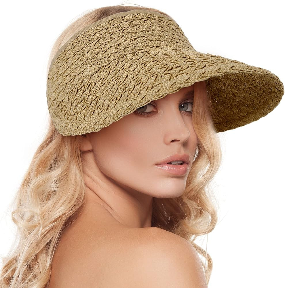 Women's Wide Brim Sun Hats Roll-up Foldable Straw Golf Visor Hat | Amazon (US)