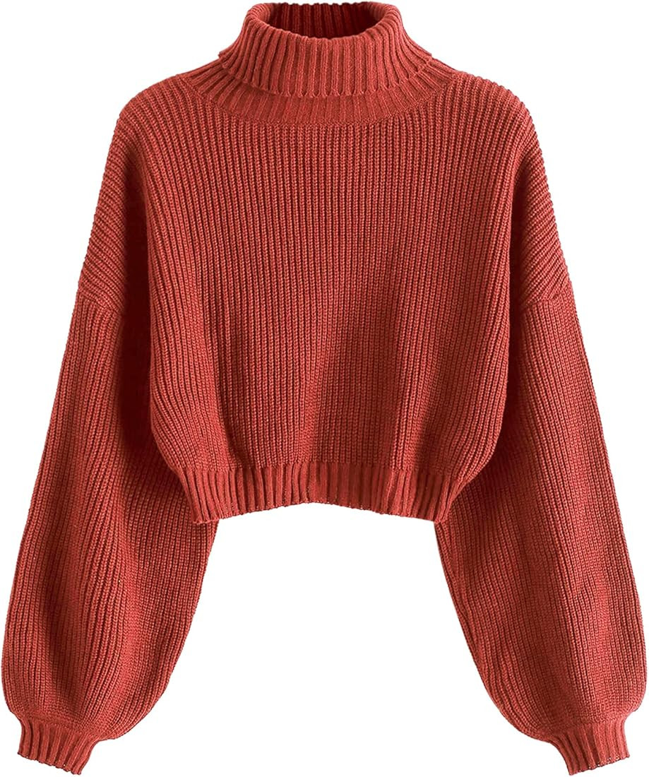 ZAFUL Women's Cropped Turtleneck Sweater Lantern Sleeve Ribbed Knit Pullover Sweater Jumper | Amazon (US)