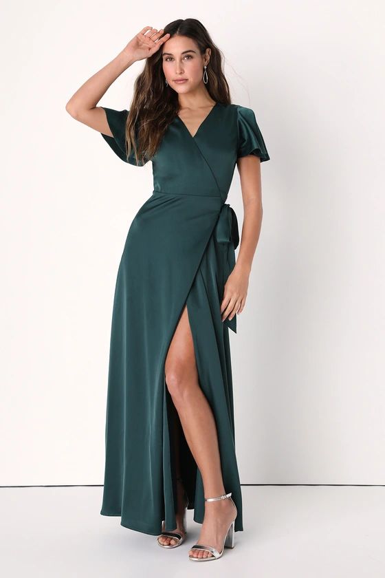 Effortless Enchantment Green Satin Surplice Wrap Maxi Dress | Lulus (US)