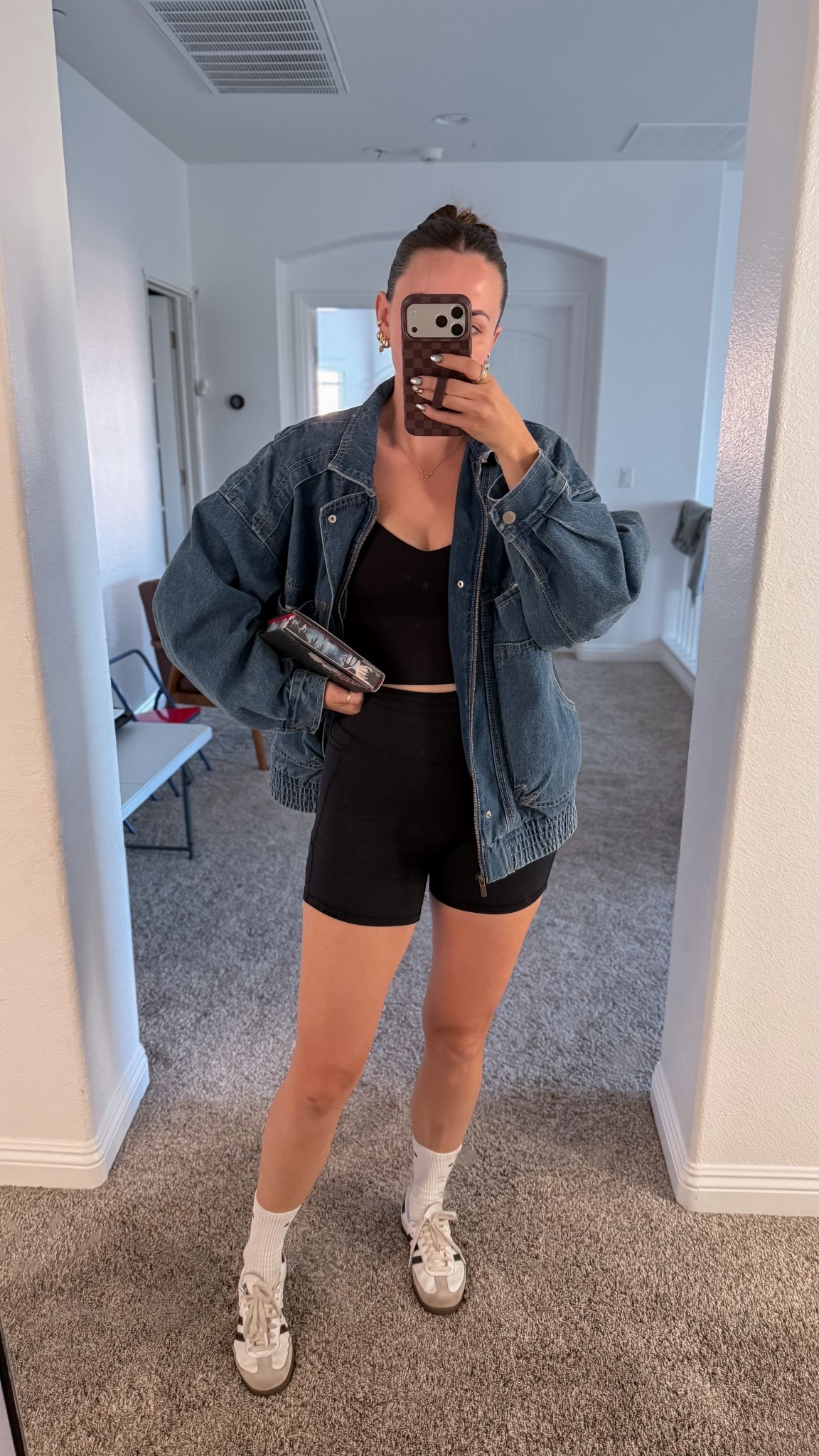 Large denim jacket, medium top and shorts