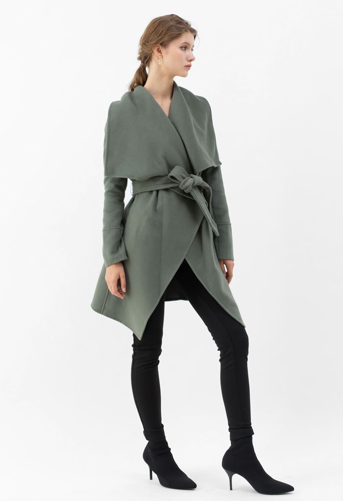 Wide Lapel Tie Belt Wrapped Wool-Blend Coat in Olive | Chicwish
