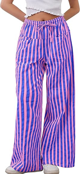 MISSACTIVER Women Drawstring Striped Pants Loose Wide Leg Trousers Casual Low Waist Pants Comfy L... | Amazon (US)