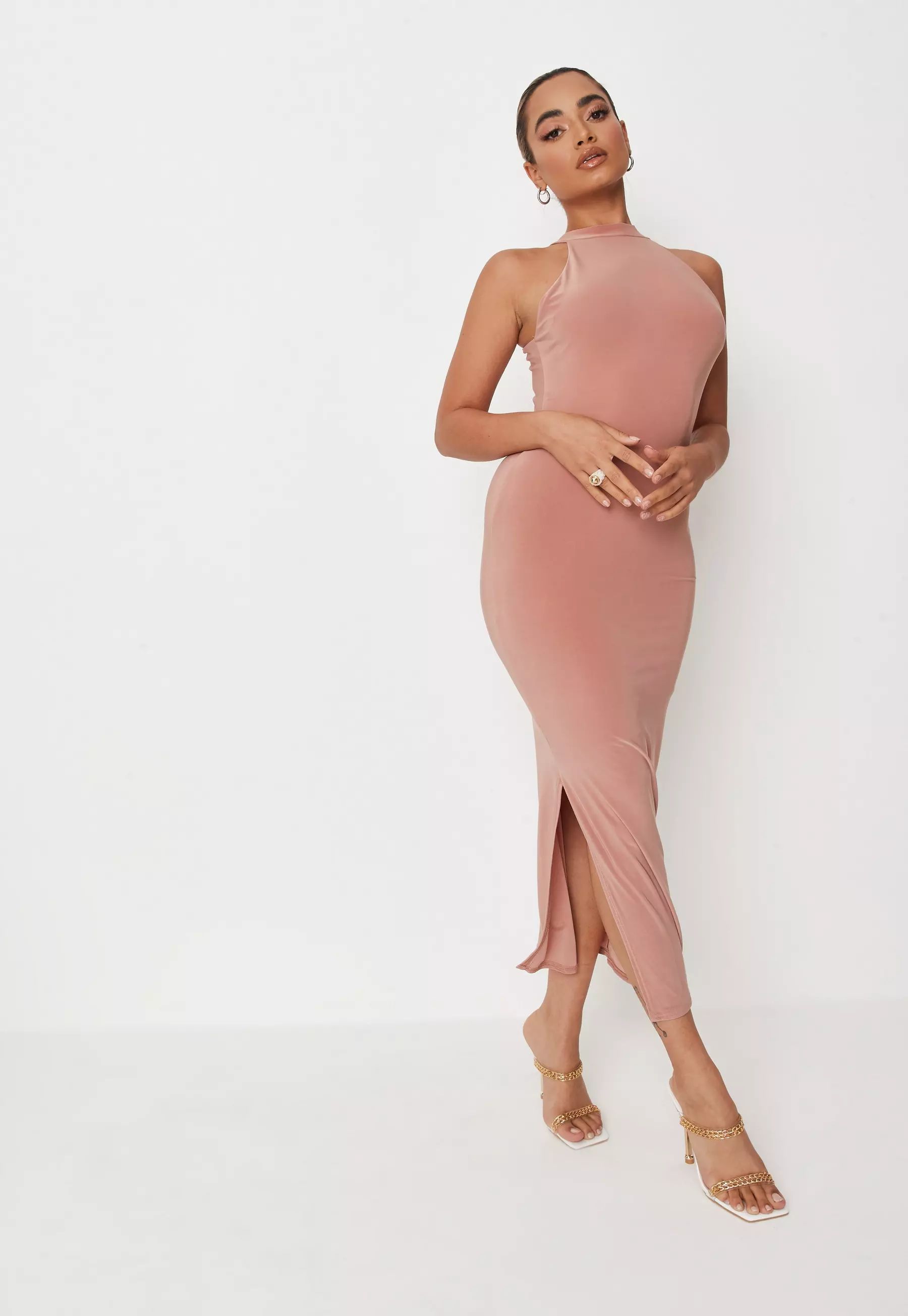 Missguided - Petite Pink Slinky Halterneck Maxi Dress | Missguided (US & CA)