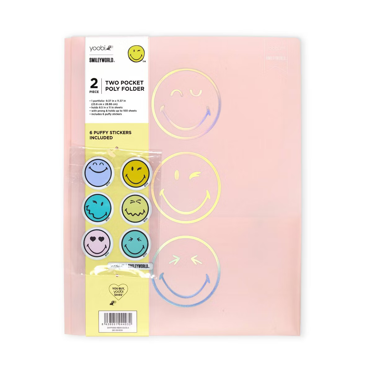 Yoobi SmileyWorld Poly Prong 2 Pocket Plastic Folder Blush Smiley with Stickers | Target
