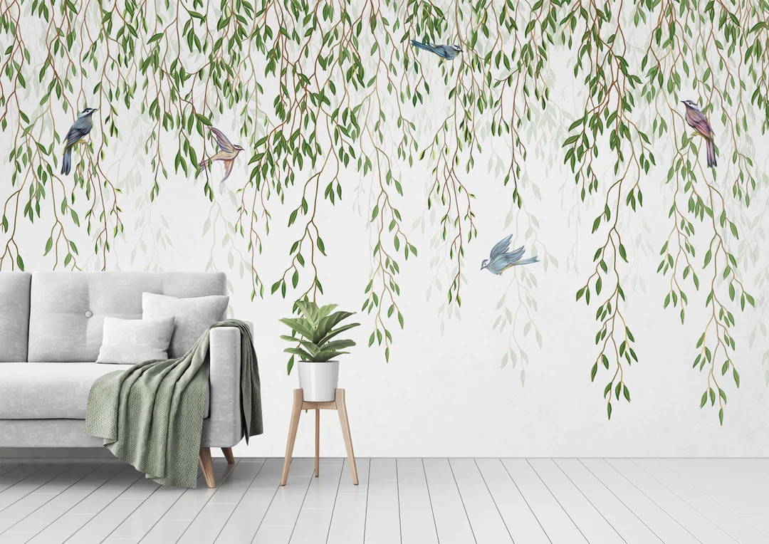 Birds and Willow Branches Wallpaper Peel & Stick Removable Fabric Wallpaper Nursery Wallpaper, Wa... | Etsy (US)