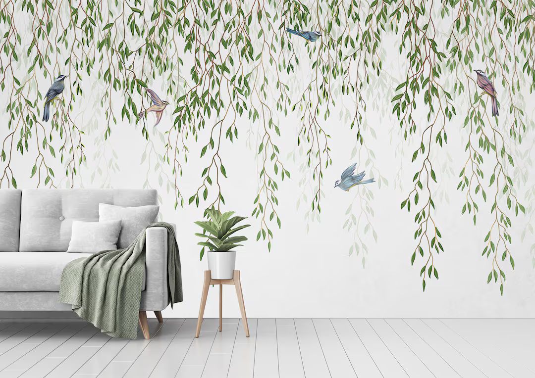 Birds and Willow Branches Wallpaper Peel & Stick Removable Fabric Wallpaper Nursery Wallpaper, Wa... | Etsy (US)