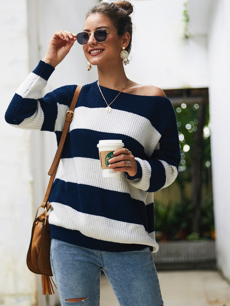 Boat Neck Contrast Panel Sweater | SHEIN