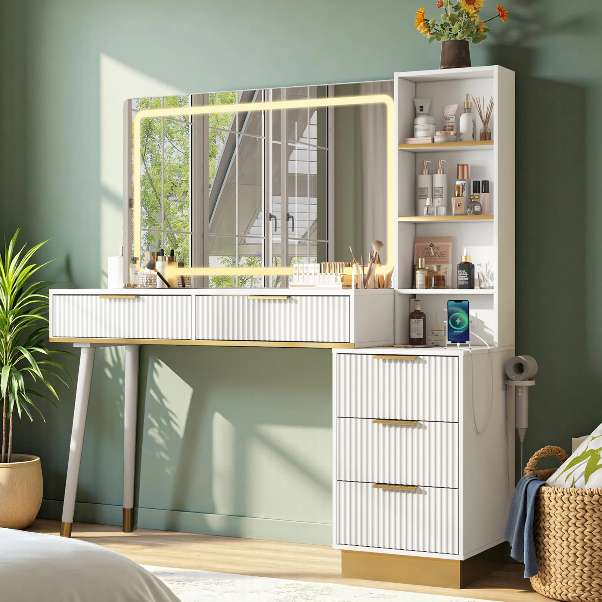 48" Vanity Desk with 35" Large Lighted Mirror, 5 Drawers & Shelves & Charging Station | Wayfair North America