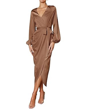 PRETTYGARDEN Women's Maxi Satin Puff Sleeve Wrap V Neck Ruched Belted Long Formal Cocktail Dresse... | Amazon (US)