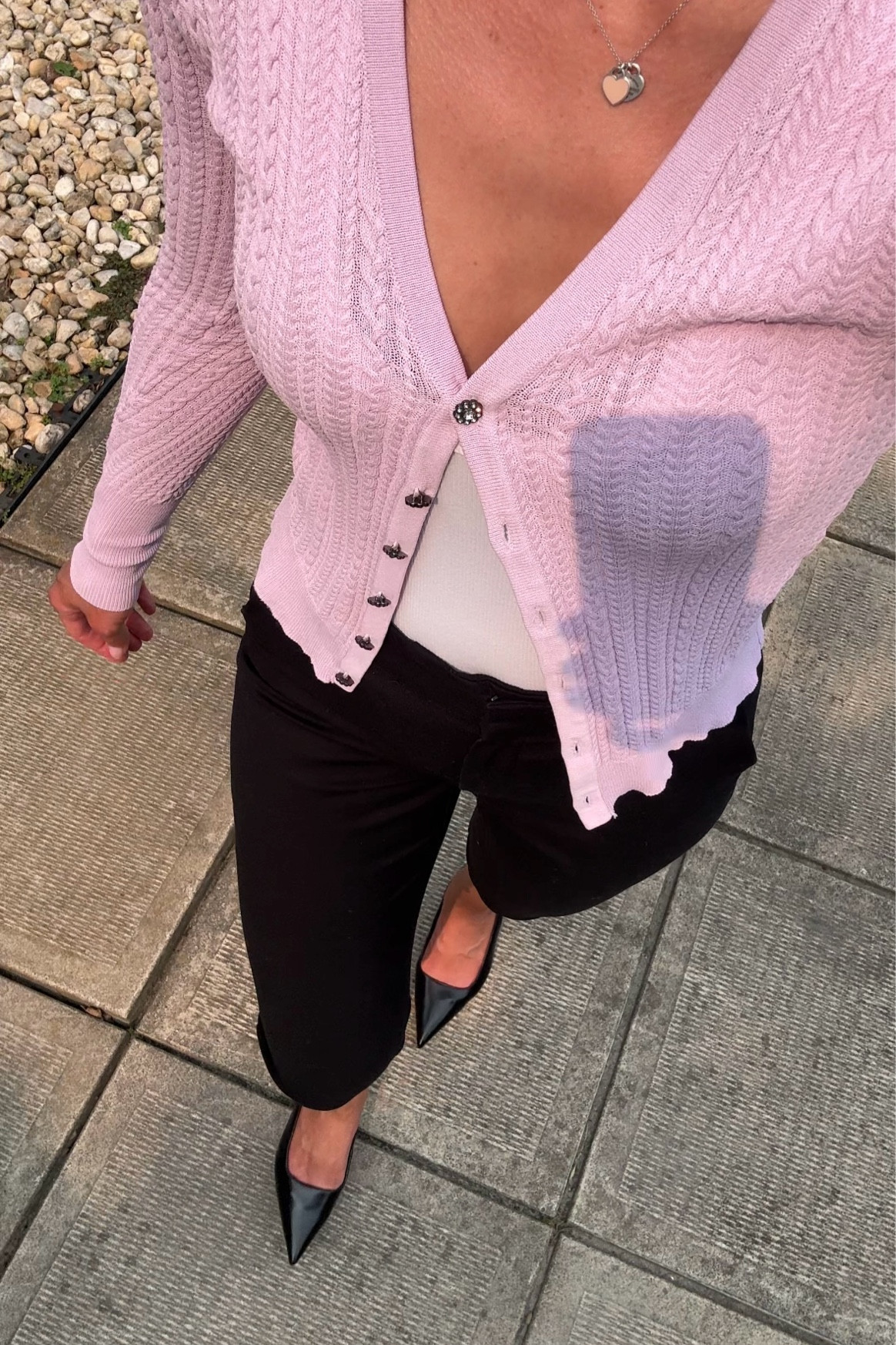 Trending for fall , only buttoning the first button of your cardigan Cardigan is old from Zara 
Pants are from H&M and have stretch at the waist. A must have if you’re a teacher 

#LTKSaleAlert
#LTKFindsUnder50 
#LTKFindsUnder100
#LTKSeasonal 
#LTKStyleTip
#LTKBacktoSchool 
#LTKWorkwear 