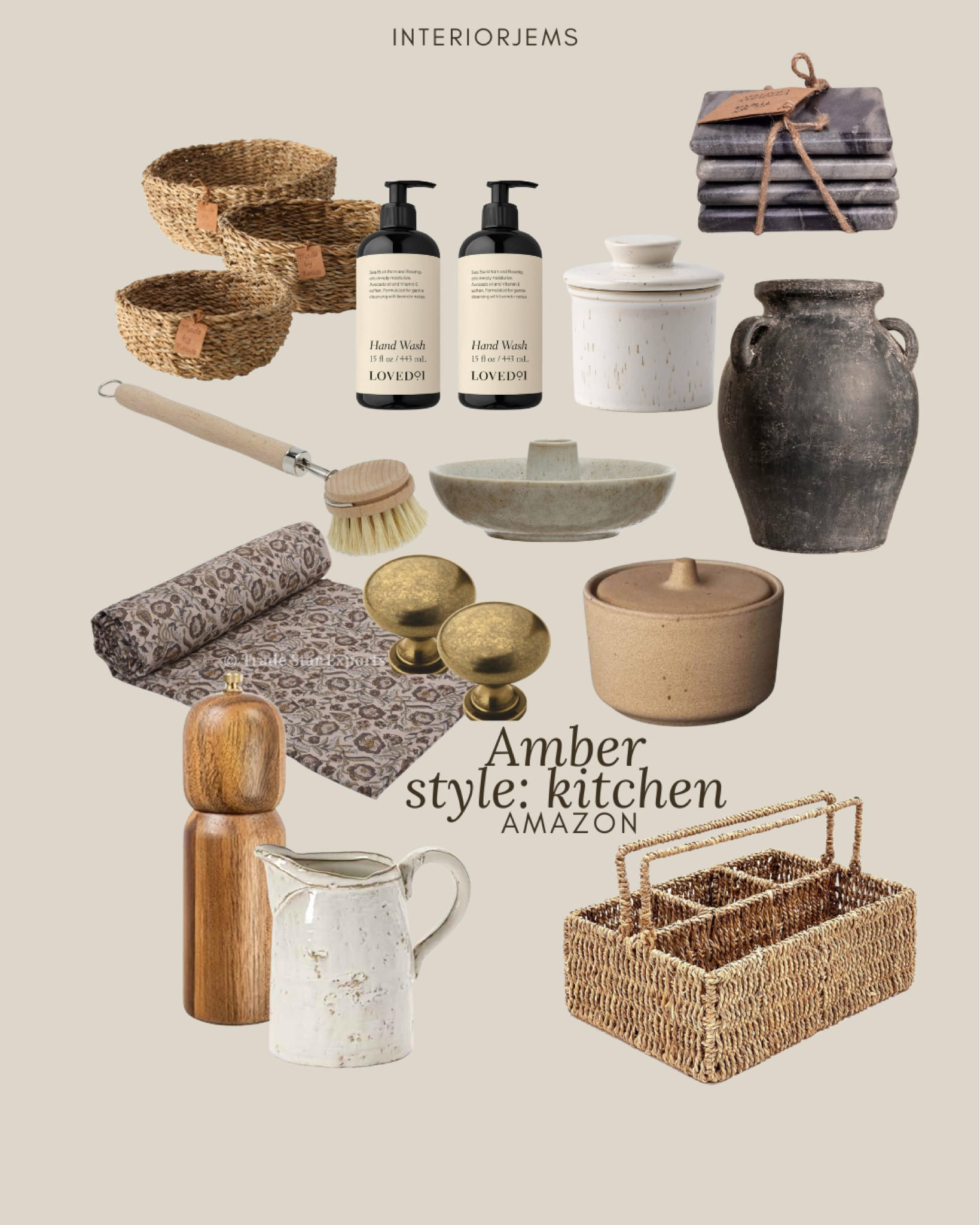 Amber interior style kitchen items from Amazon, kitchen, decor, kitchen, table, top, kitchen, linens, block, print, vintage style fabric, vase, woven bowl, salt and pepper mill, hand soap, kitchen shelf decor from Amazon

#LTKStyleTip #LTKSaleAlert #LTKHome