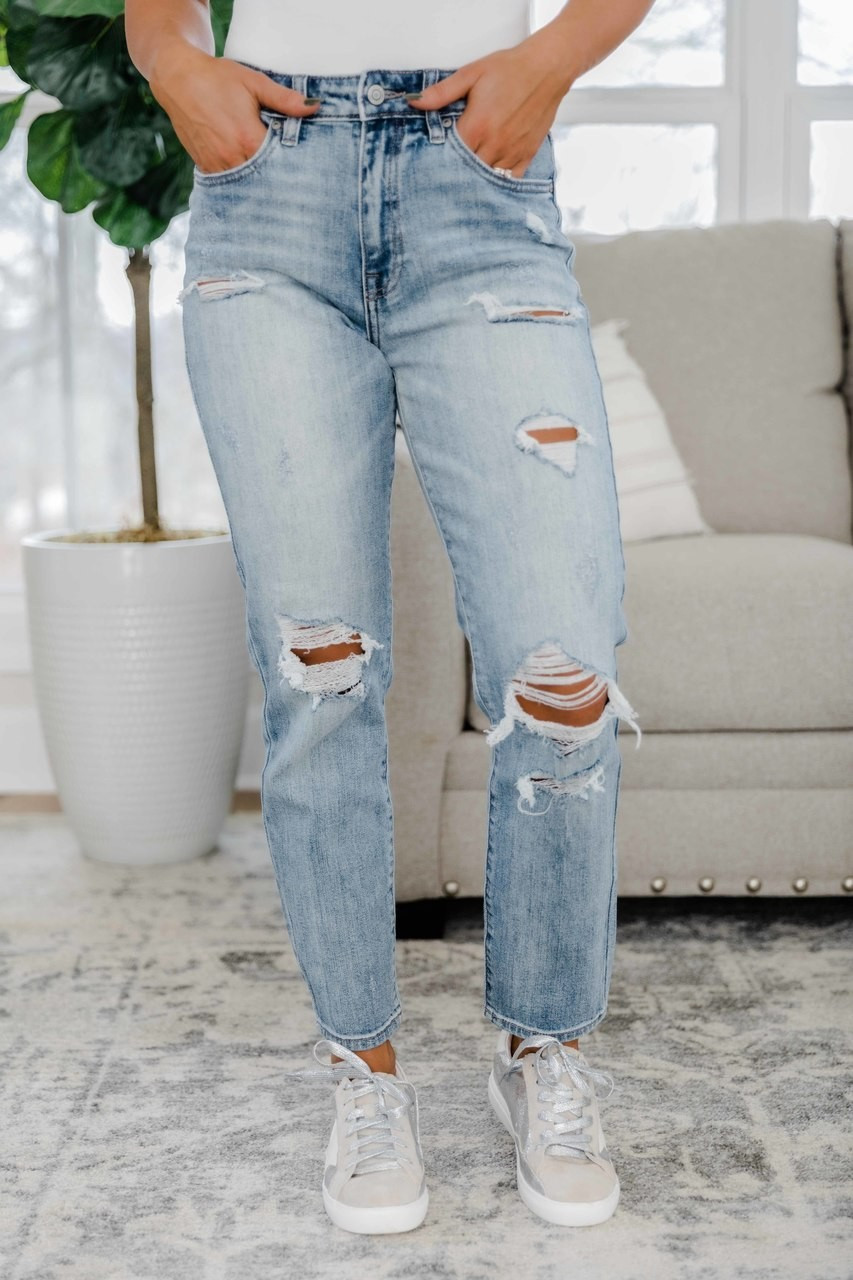 The Jessie Light Wash Distressed Mom Jean | The Pink Lily Boutique