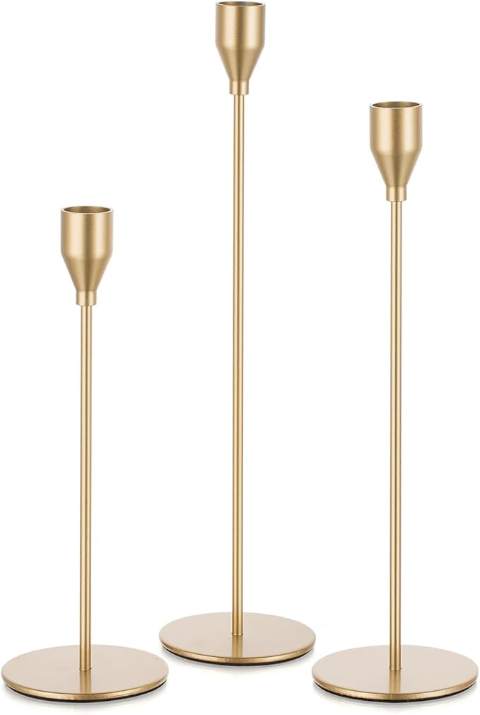 Gold Taper Candle Holders: Tall Candlestick Holder for Table Centerpiece Set of 3 Metal Brass Can... | Amazon (US)