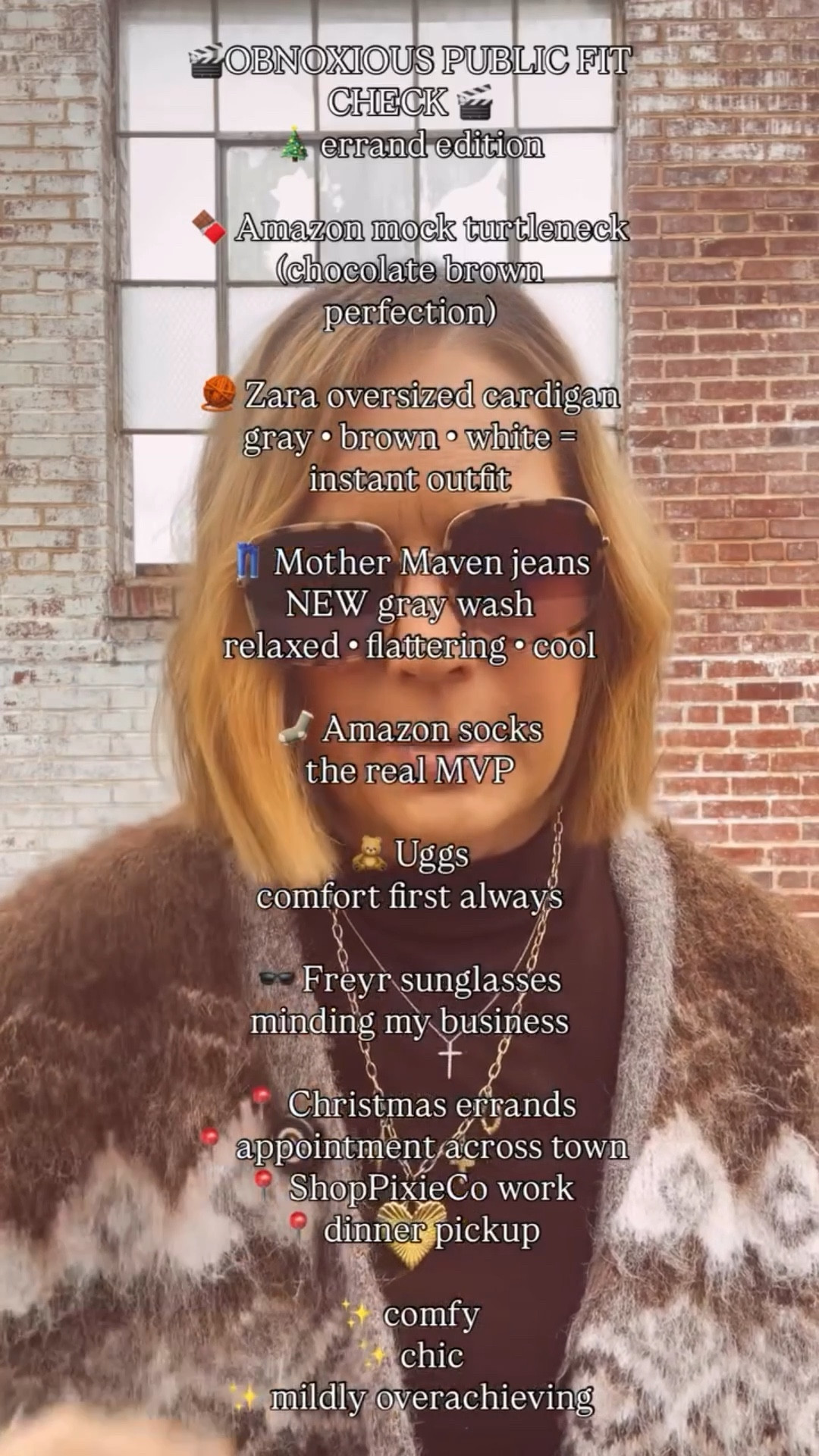 🎬OBNOXIOUS PUBLIC FIT CHECK 🎬
🎄 errand edition

🍫 Amazon mock turtleneck
(chocolate brown perfection)

🧶 Zara oversized cardigan
gray • brown • white = instant outfit

👖 Mother Maven jeans
NEW gray wash
relaxed • flattering • cool

🧦 Amazon socks
the real MVP

🧸 Uggs
comfort first always

🕶️ Freyr sunglasses
minding my business

📍 Christmas errands
📍 appointment run
📍 ShopPixieCo co-work
📍 dinner pickup

✨ comfy
✨ chic
✨ mildly overachieving

🔗 Comment PIXIE for the links.
Thx! Jill

#over50style
#midlifestyle
#womenover50
#everydayoutfits
#casualchicstyle
#styledaily
#reelsfashion
#outfitinspo
#modernmidlife
#agelessstyle

Comment PIXIE below to receive a DM with the link to this post on my LTK ⬇ https://liketk.it/5H47n #ltkover40 #ltkootd #ltkgrwm