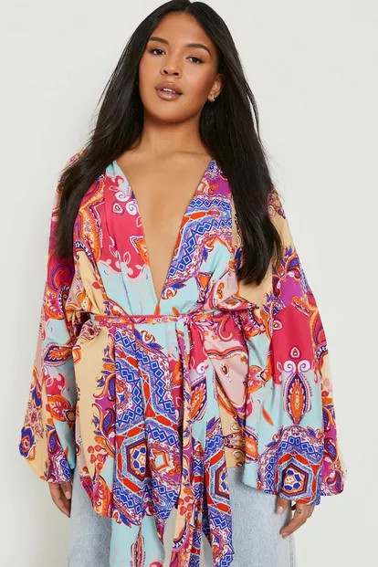 Plus Woven Paisley Wrap Kimono Sleeve Top | Boohoo.com (US & CA)