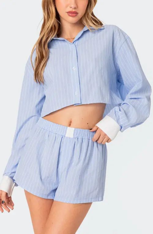 EDIKTED Lea Stripe Crop Button-Up Shirt in Light-Blue at Nordstrom, Size X-Small | Nordstrom