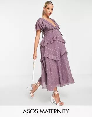 ASOS DESIGN Maternity textured tiered midi dress with lace insert and open back in mauve | ASOS (Global)