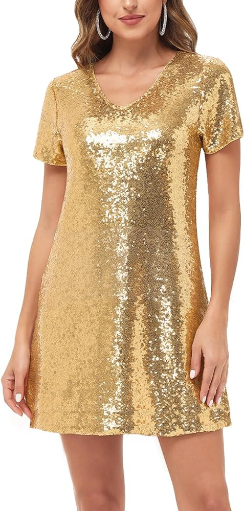 Anna-Kaci Women's Short Sleeve V-Neck Sequin Shift T-Shirt Mini Dress | Amazon (US)