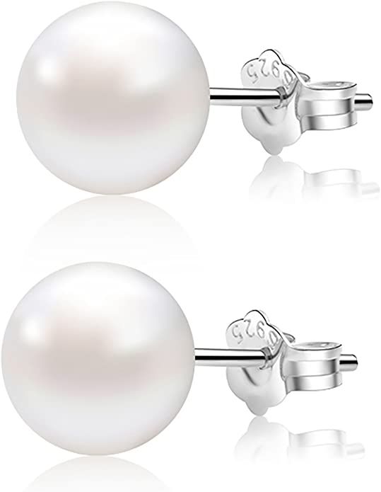 ALYC Pearl Earrings Freshwater Pearl White Button Stud Earrings with 925 Sterling Silver for Wome... | Amazon (US)