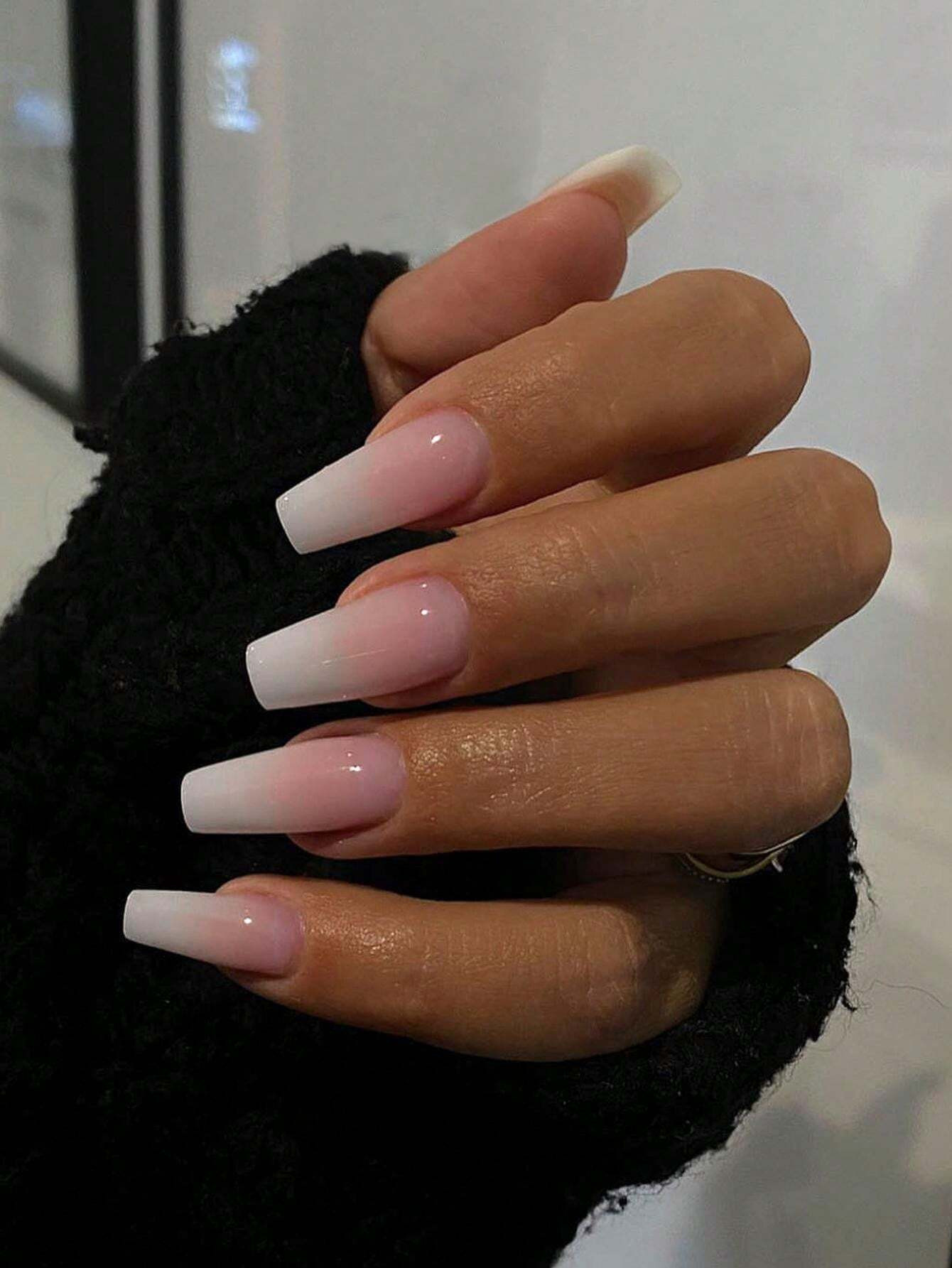 24Pcs Baby Boomer Nails Long Coffin Tip Press On Nails Medium ,White Gradient Design Fake Nail Se... | SHEIN