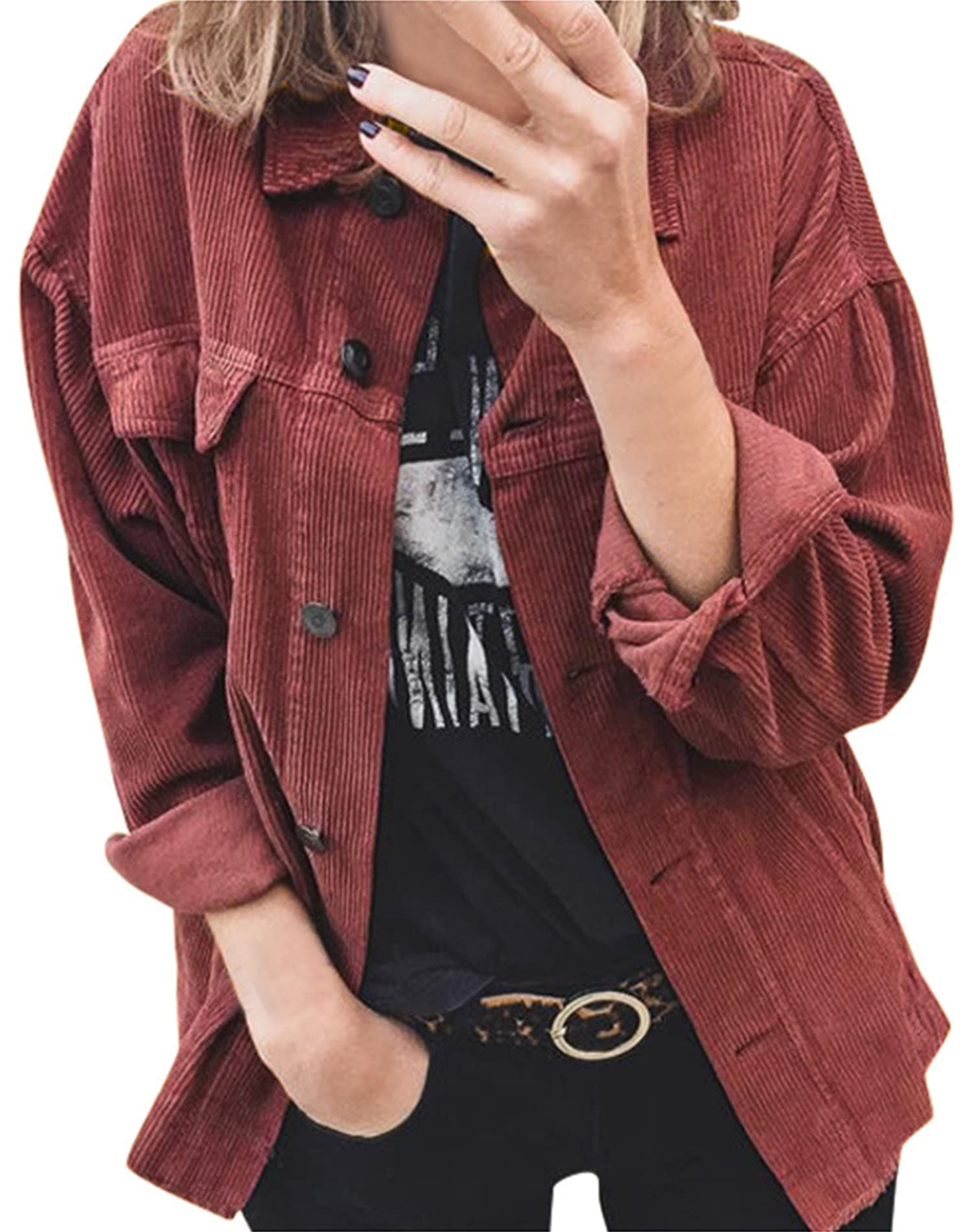 Theenkoln Womens Shirts Long Sleeve Button Down Casual Solid Color Ribbed Corduroy Jacket Blouse ... | Amazon (US)