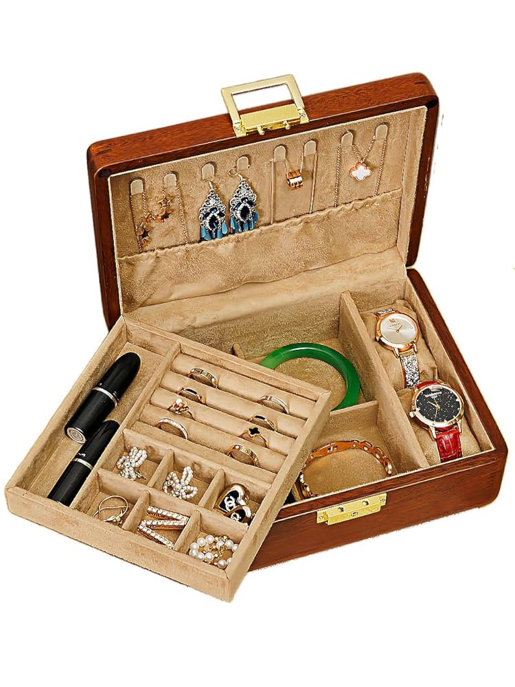Solid Walnut Wood Jewelry Organizer Box with Lock,2-Layer Vintage Jewelry Box for Men Women, Velv... | Amazon (US)