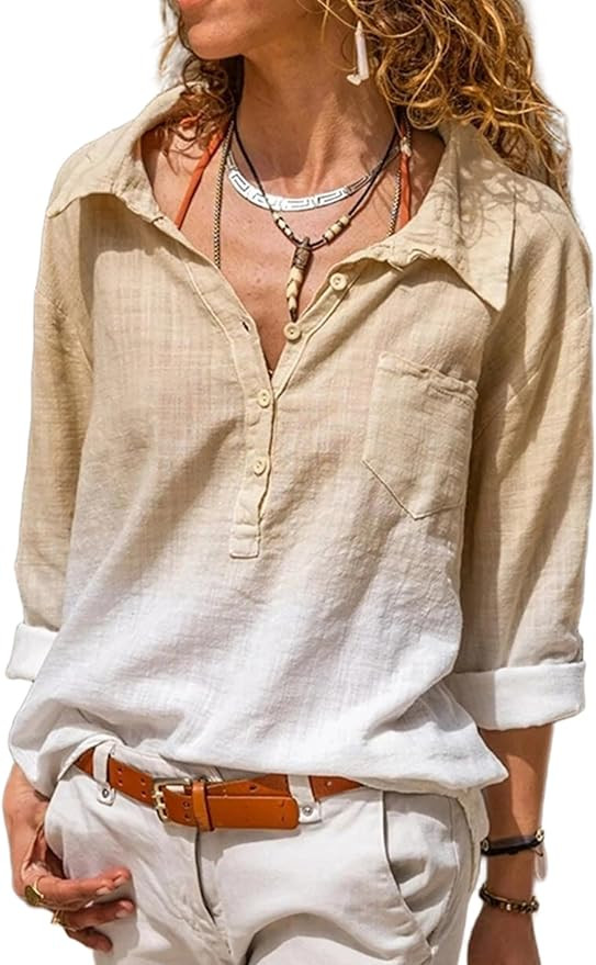 CHICME Women's Long Sleeve Button Down Linen Shirts Casual Ombre Blouse with Pocket for Summer | Amazon (US)
