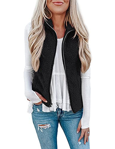 LOMON Womens Sherpa Fleece Zipper Vest Warm Outwear with Pockets Womens Winter Vest Womans Outdoor Vests Black L | Amazon (US)