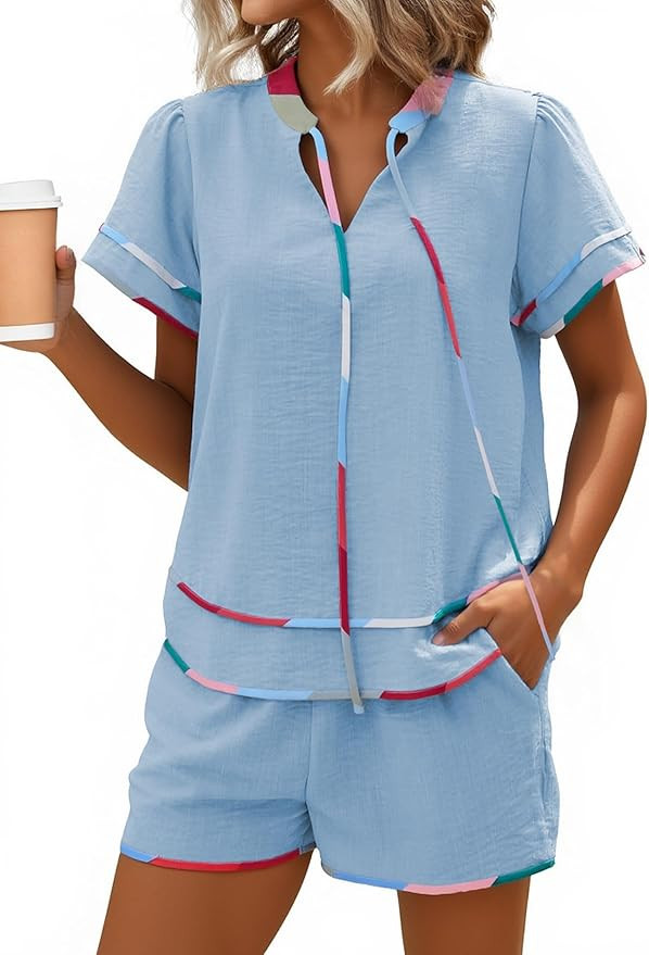 ECOWISH Women's 2 Piece Outfits Casual Summer Short Sleeve V Neck Color Block Lounge Sets for Bea... | Amazon (US)